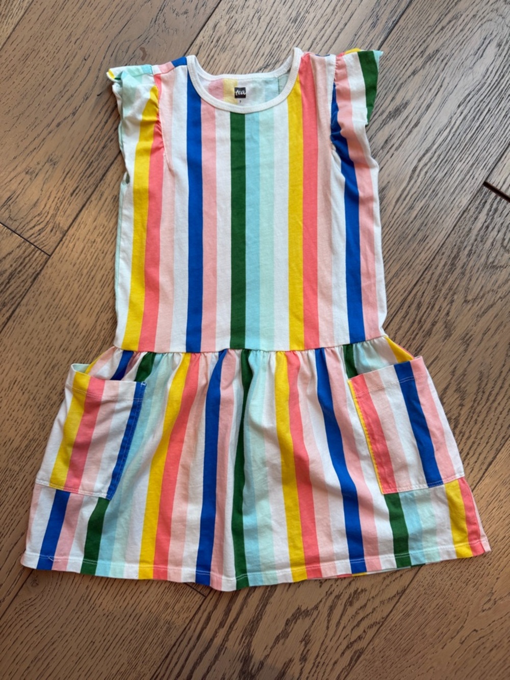 Tea Collection Girls Lisbon Stripe Dress w/ Flutter Sleeves & Patch Pockets Sz 7